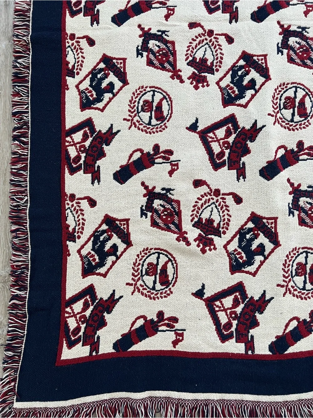 Vintage Tapestry Throw Blanket with Red, White and Navy Golf Design